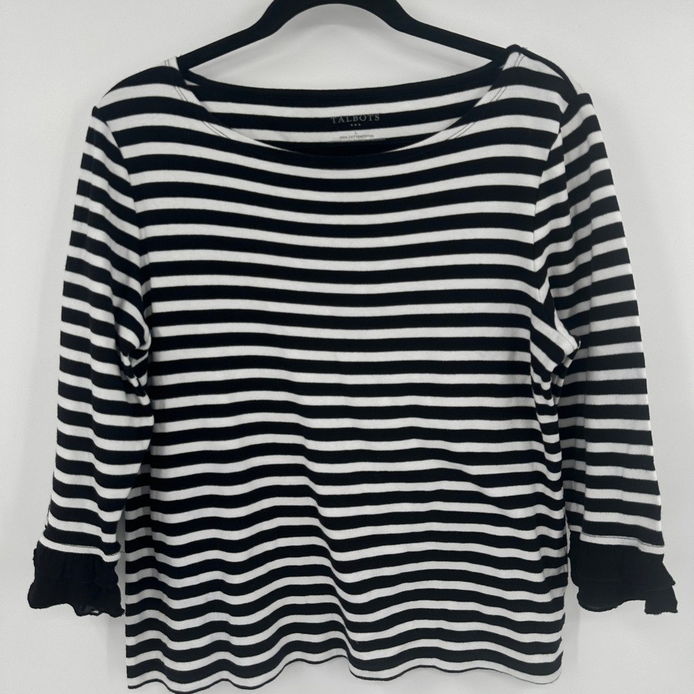 Talbots Black White Striped Boat Neck 3/4 Sleeve Top Ruffle Cuff Size L